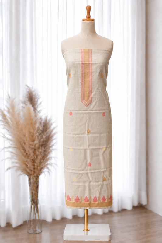 Beige Peach Jamdani Jacquard Linen Set
