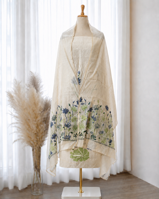 White Navy Blue Lotus Print Linen Suit Set