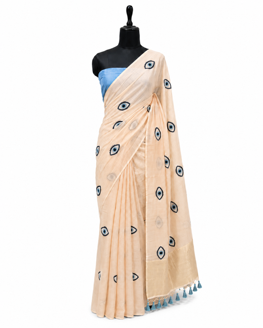 Noor-e-Nazar Cotton Blend Evil Eye Baby Pink + Blue Saree