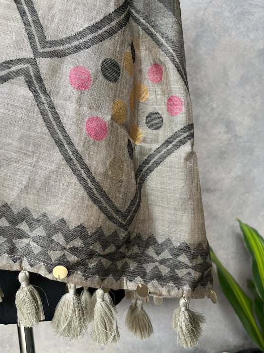 Grey Spun Polyester Ikkat Design Dupatta