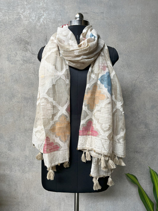 White Cotton Blend Ikkat Design Dupatta