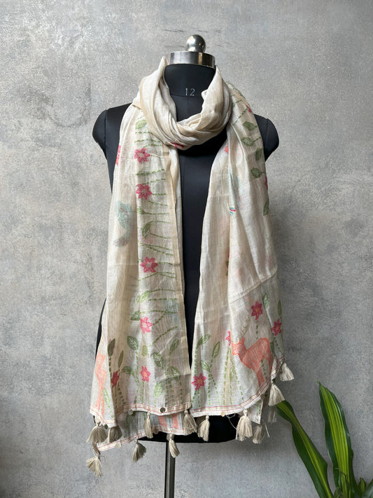 White Sunsetorange Cotton Blend Jamdani Design Dupatta