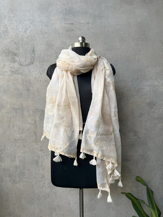 Sheer White Dupatta with Zari-Highlighted Jacquard Motifs