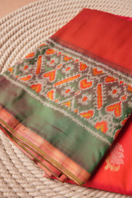 Fire Red Artificial Silk Jamdani and Ikat Design Saree