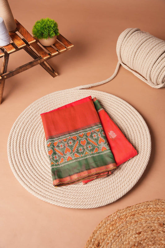 Fire Red Artificial Silk Jamdani and Ikat Design Saree