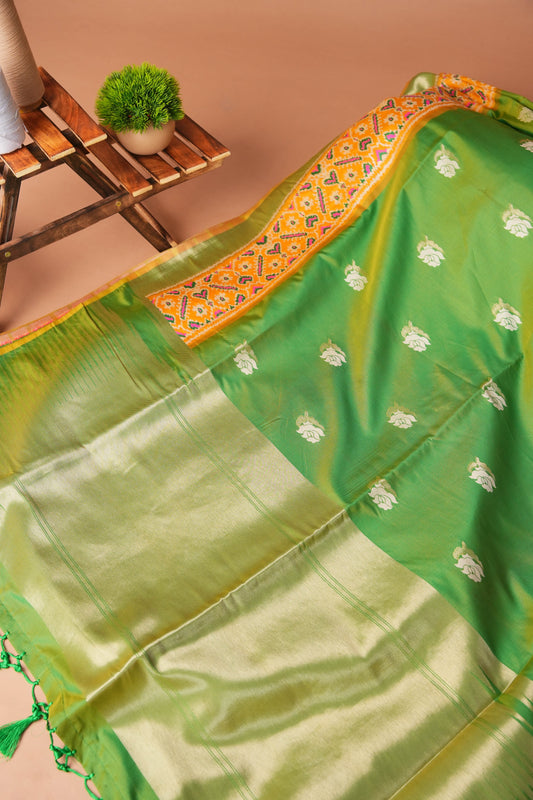 Green Artificial Silk Jamdani and Ikat Design Saree