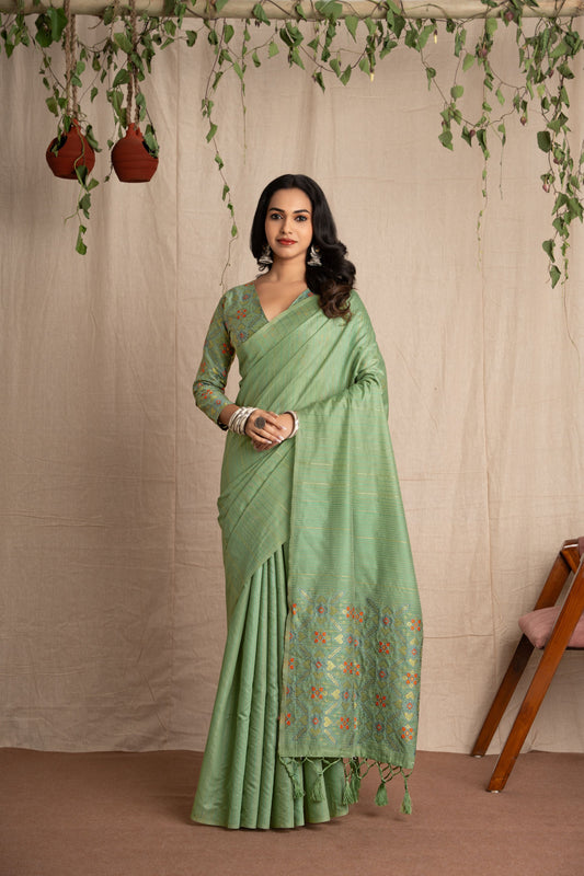 Patrisha | Green Spun Polyester Kantha + Patola Design Jacquard Woven Saree.