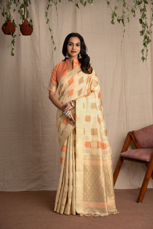 Vritika | Ivory With Orange Muga Cotton Geometric Woven Saree.