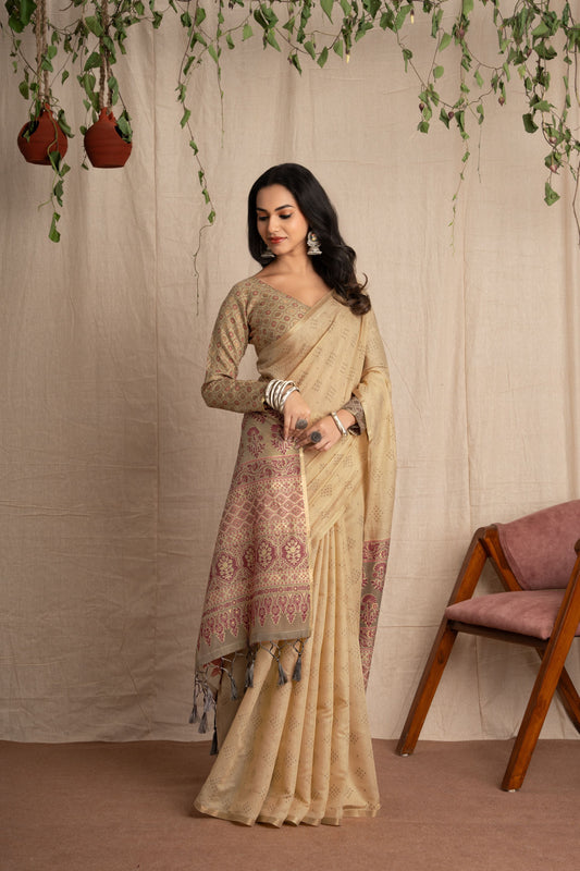 Nivaaj | Cream Cotton Blend Ajrakh Badhani Mix Design Jacquard Woven Saree.