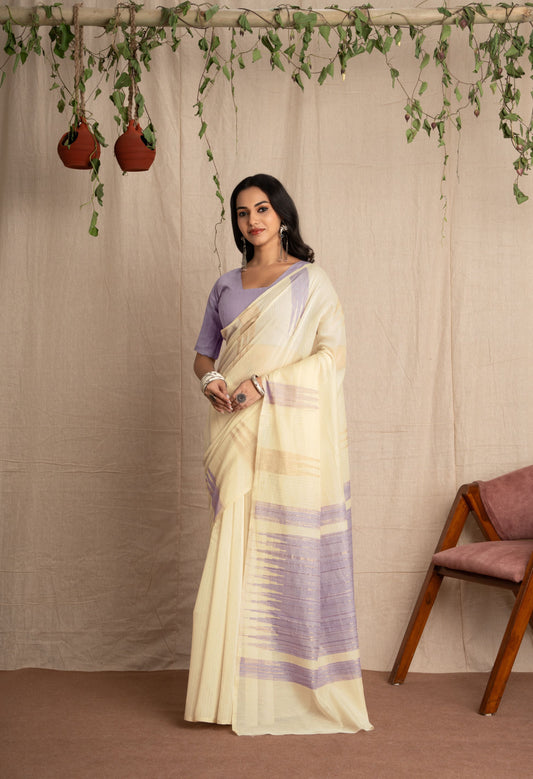Kavya Karishma | Ivory With Purple Cotton Blend Handloom Effect Design Jacquard Woven Saree.