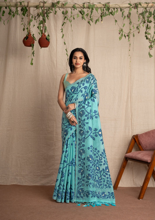 Ishara | Blue Green Muga Cotton Traditional Jamdani Woven Saree