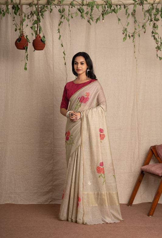Hastchitra | Ivory & Dark Pink Cotton Blend Handloom Effect Design Jacquard Woven Saree