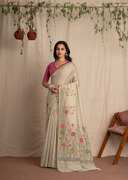 Vanya | Chalk Beige + Red Soft Mul Cotton Floral Checks Design Jacquard Woven Saree.