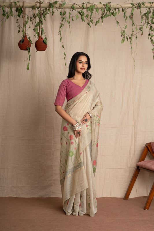 Vanya | Chalk Beige + Red Soft Mul Cotton Floral Checks Design Jacquard Woven Saree.