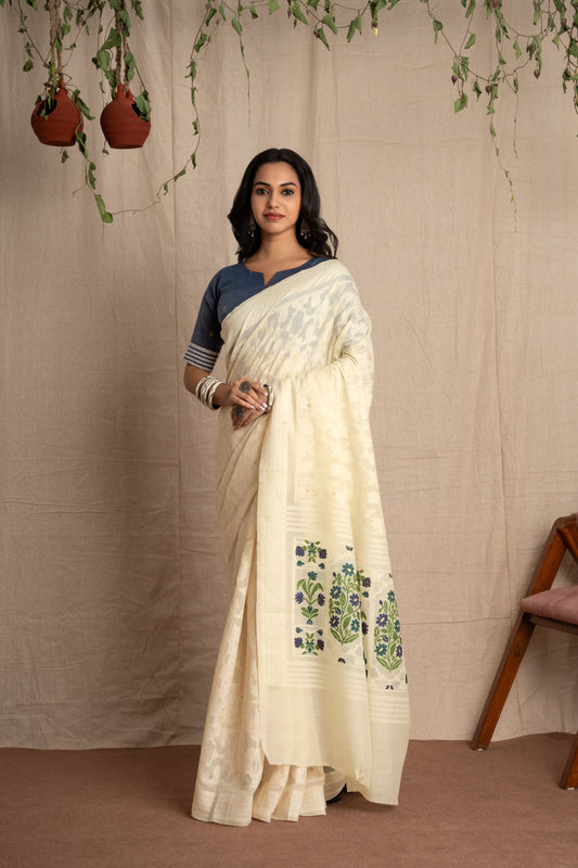 Navya | Pearl White + Blue Cotton Blend Jamdani Design Jacquard Woven Saree.