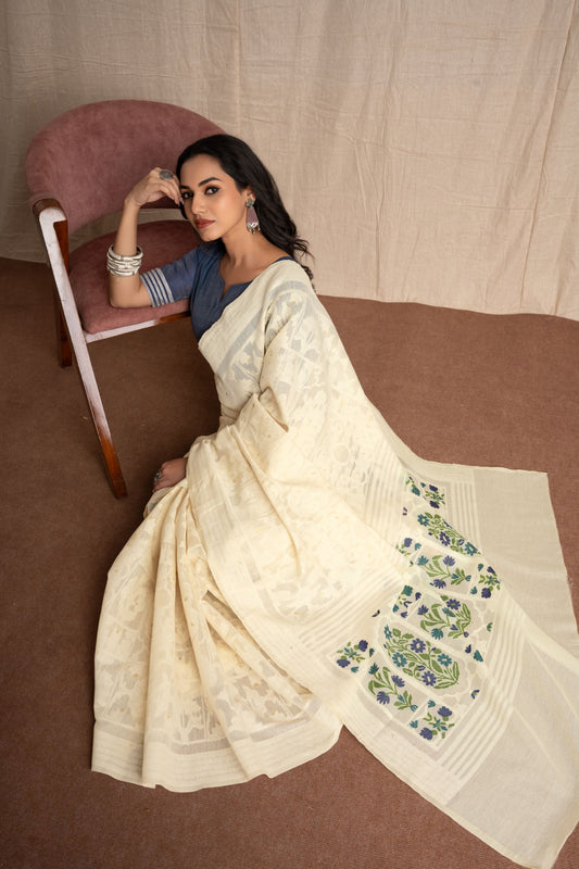 Navya | Pearl White + Blue Muga Cotton Jamdani Woven Saree.