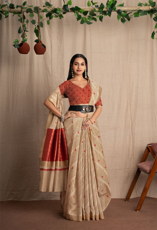 Tanvini | Beige Cotton & Linen With Geometric Design Jacquard Woven Saree.