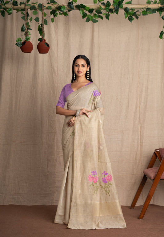 Hastchitra | Ivory & Purple Cotton Blend Handloom Effect Design Jacquard Woven Saree