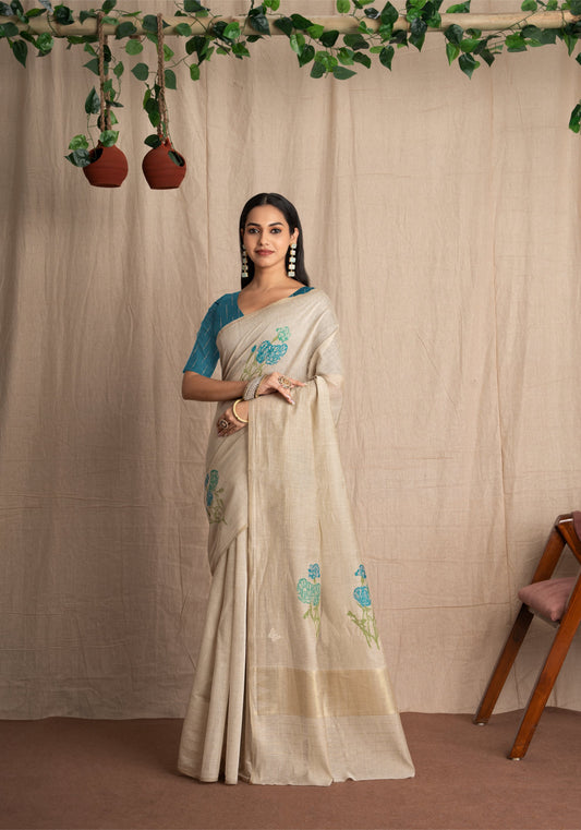 Hastchitra | Ivory & Peacock Blue Cotton Blend Handloom Effect Design Jacquard Woven Saree