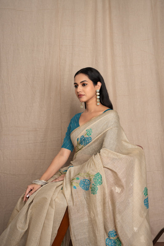 Hastchitra | Ivory & Peacock Blue Cotton Blend Handloom Effect Design Jacquard Woven Saree