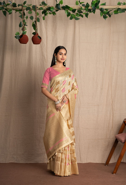 Vritika Spun Polyester Geometric Ivory with Pink Saree.
