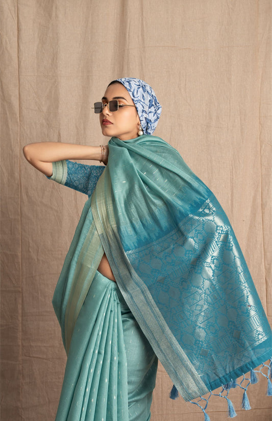 Vismara | Shade Of Blue Viscose Geometric Design Jacquard Woven Saree.