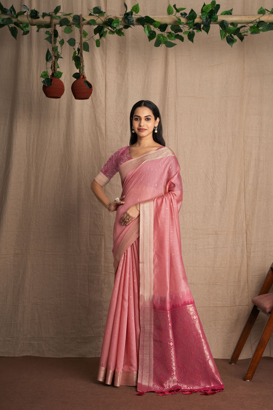 Vismara | Baby Pink Viscose Geometric Design Jacquard Woven Saree.