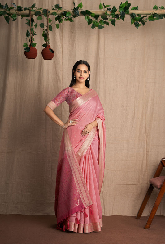 Vismara | Baby Pink Viscose Geometric Design Jacquard Woven Saree.