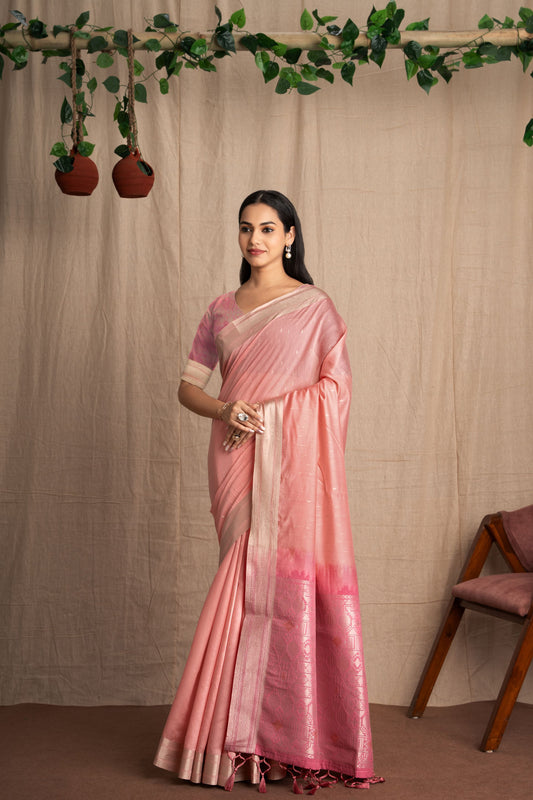 Vismara | Peach Pink Viscose Geometric Design Jacquard Woven Saree.