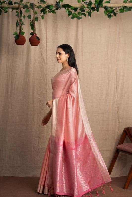 Vismara | Peach Pink Viscose Geometric Design Jacquard Woven Saree.