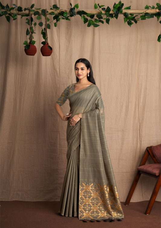 Patrisha | Grey Spun Polyester Kantha + Patola Design Jacquard Woven Saree.