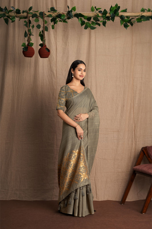 Patrisha | Grey Spun Polyester Kantha + Patola Design Jacquard Woven Saree.