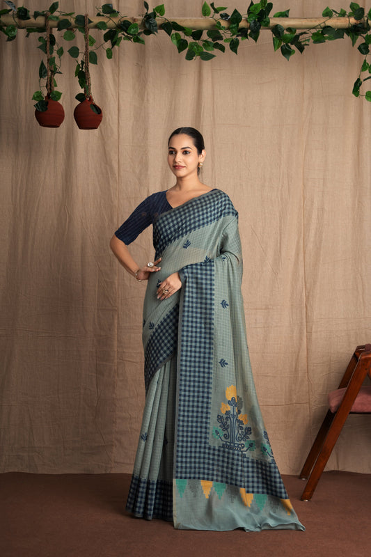 Vasantika | Prussian Blue Cotton Muga Jamdani Woven Saree.
