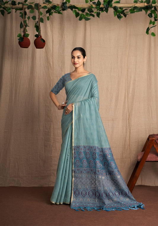 Nivaaj | Shade Of Blue Cotton Blend Ajrakh Bandhani Mix Design Jacquard Woven Saree.