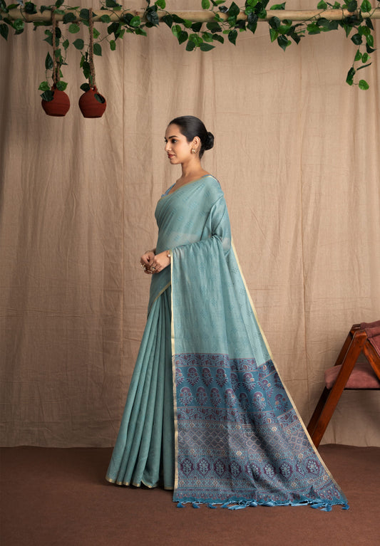 Nivaaj | Shade Of Blue Cotton Blend Ajrakh Bandhani Mix Design Jacquard Woven Saree.