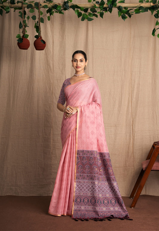 Nivaaj | Bubblegum pink Cotton Blend Ajrakh Bandhani Mix Design Jacquard Woven Saree.