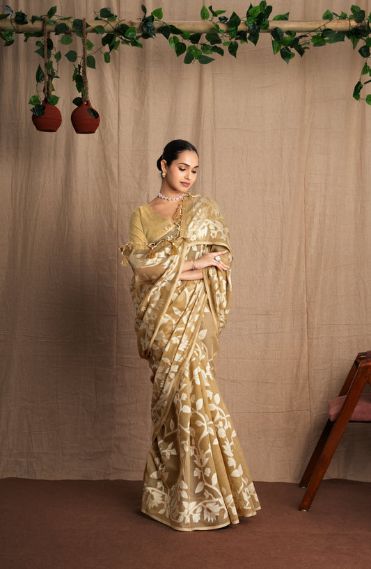 Ishara | Beige Muga Cotton Traditional Jamdani Woven Saree