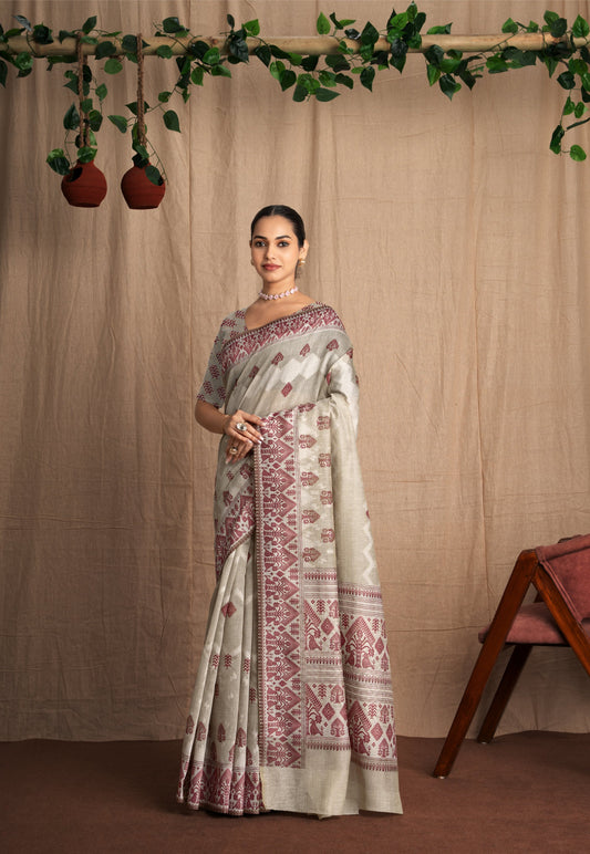 Assanika | Chalk Beige Poly Linen Traditional Assamese + Digital Print Design Jacquard Woven Saree