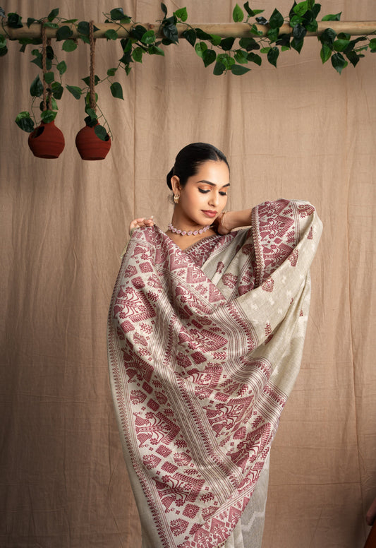 Assanika | Chalk Beige Poly Linen Traditional Assamese + Digital Print Design Jacquard Woven Saree