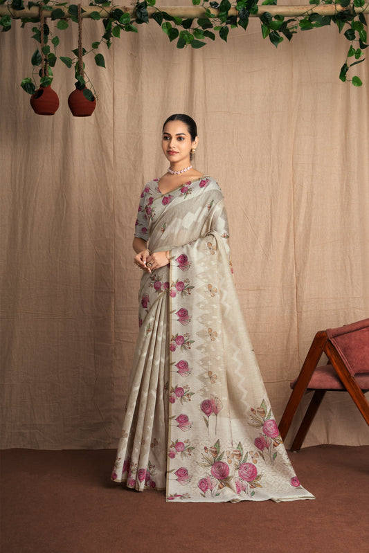 Jamnika | Beige Poly Linen Contemporary Floral + Digital Print Design Jacquard Woven Saree.