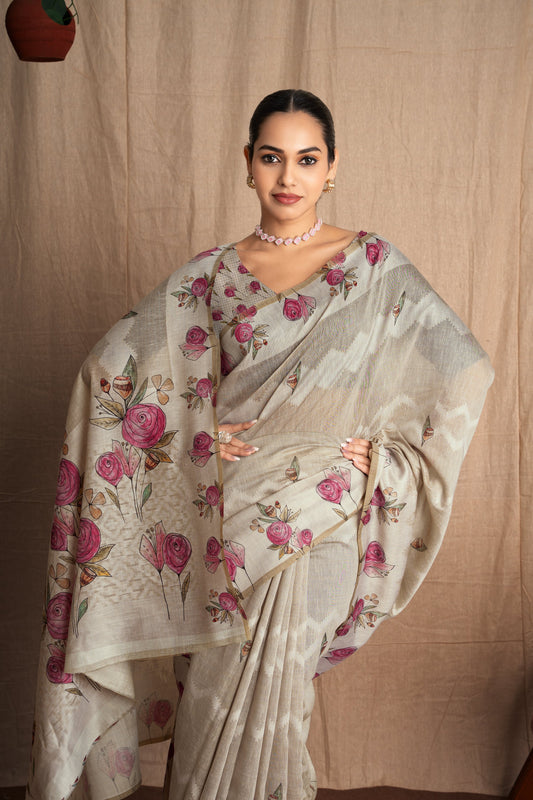 Jamnika | Beige Poly Linen Contemporary Floral + Digital Print Design Jacquard Woven Saree.