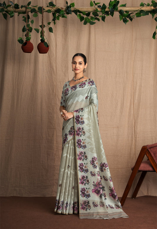 Nishira | Shade of Green Poly Linen Floral + Digital Print Design Jacquard Woven Saree