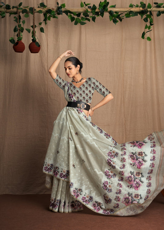 Nishira | Shade of Green Poly Linen Floral + Digital Print Design Jacquard Woven Saree