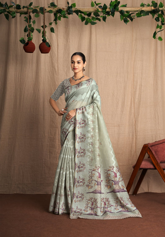 Madhani | Shade of Green Poly Linen Traditional Madhubani + Digital Print Design Jacquard Woven Saree.