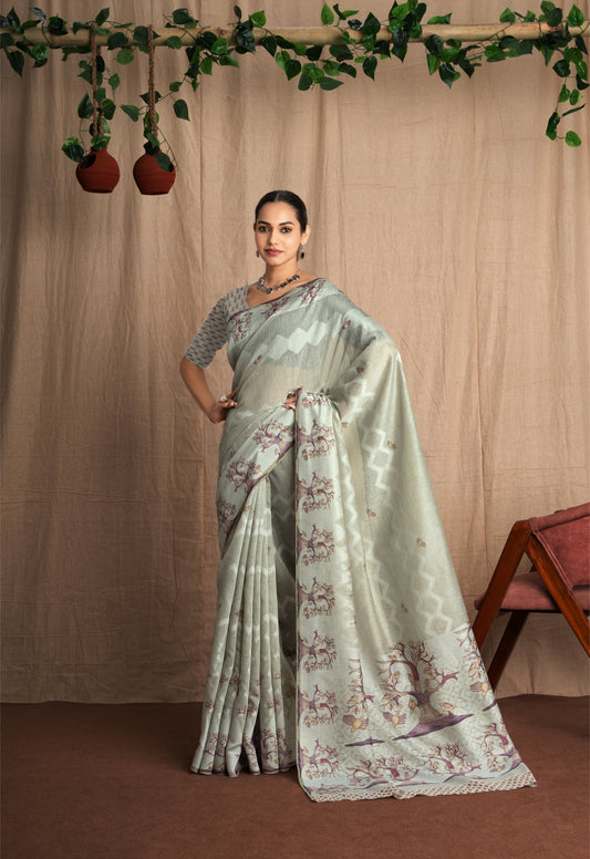 Madhani | Shade of Green Poly Linen Traditional Madhubani + Digital Print Design Jacquard Woven Saree.