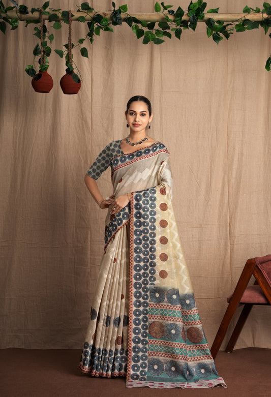Rangtara | Beige Poly Linen Tye and Dye + Digital Print Design Jacquard Woven Saree.
