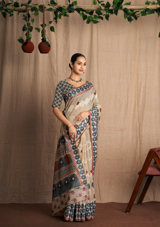 Rangtara | Beige Poly Linen Tye and Dye + Digital Print Design Jacquard Woven Saree.