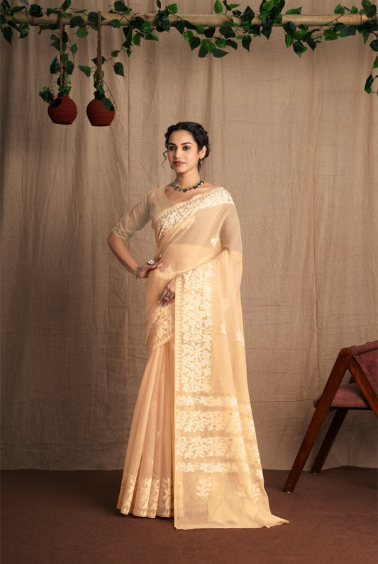 Dhakai Sparsh Soft Cotton Mul Jamdani Peach Saree.