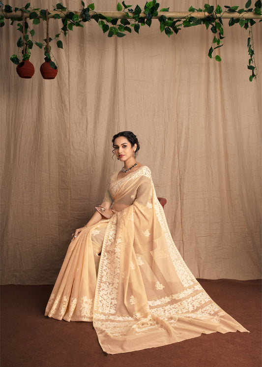 Dhakai Sparsh | Peach Soft Cotton Mul Jamdani Design Jacquard Woven Saree.