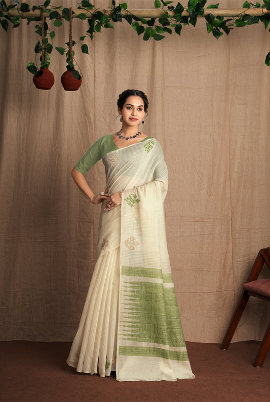 Kavya Karishma | Ivory With Green Cotton Blend Handloom Effect Design Jacquard Woven Saree.